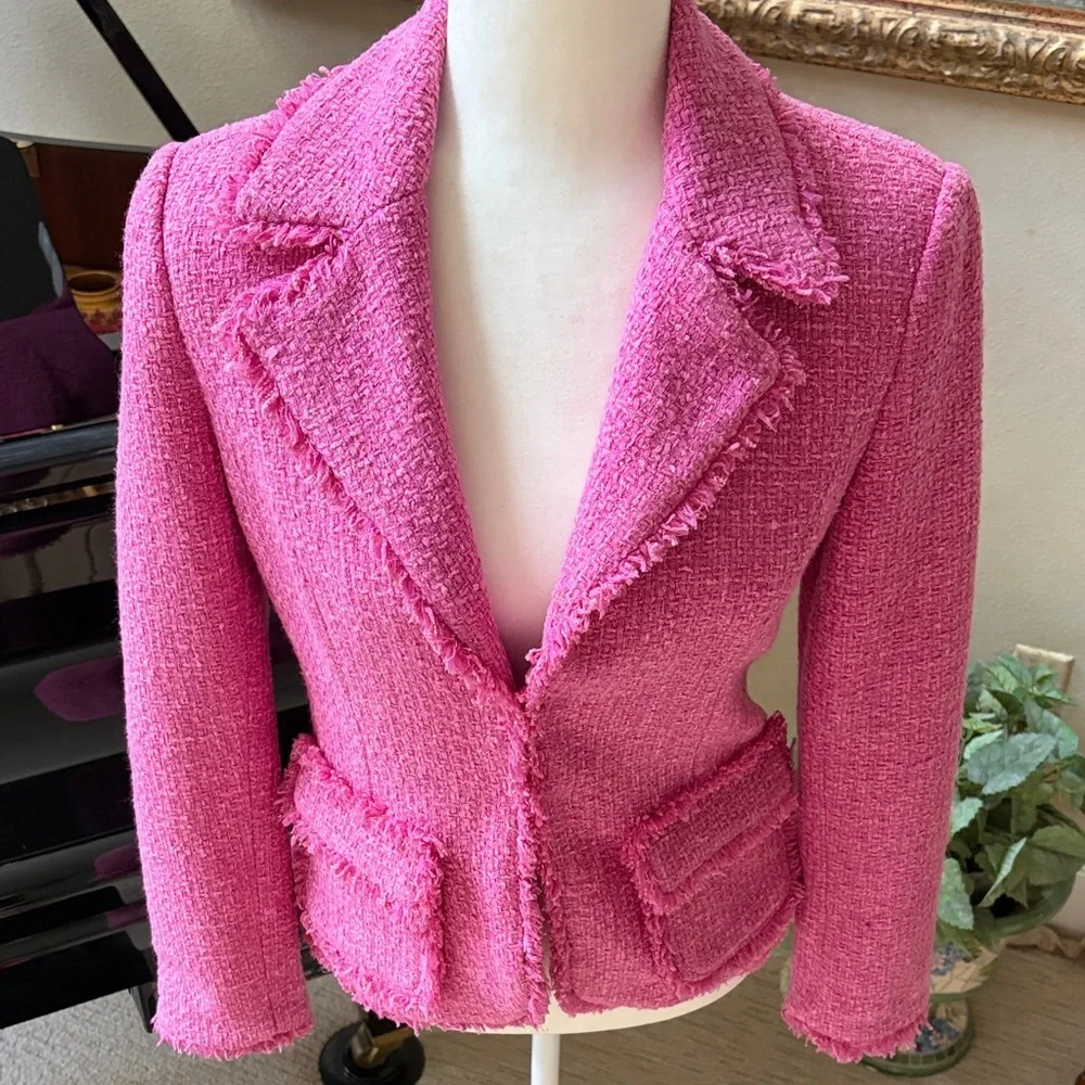 BOSTON PROPER Pink Gold Bouclé Women's Blazer Jacket Fringe Lined size 4 EUC - Picture 3 of 12